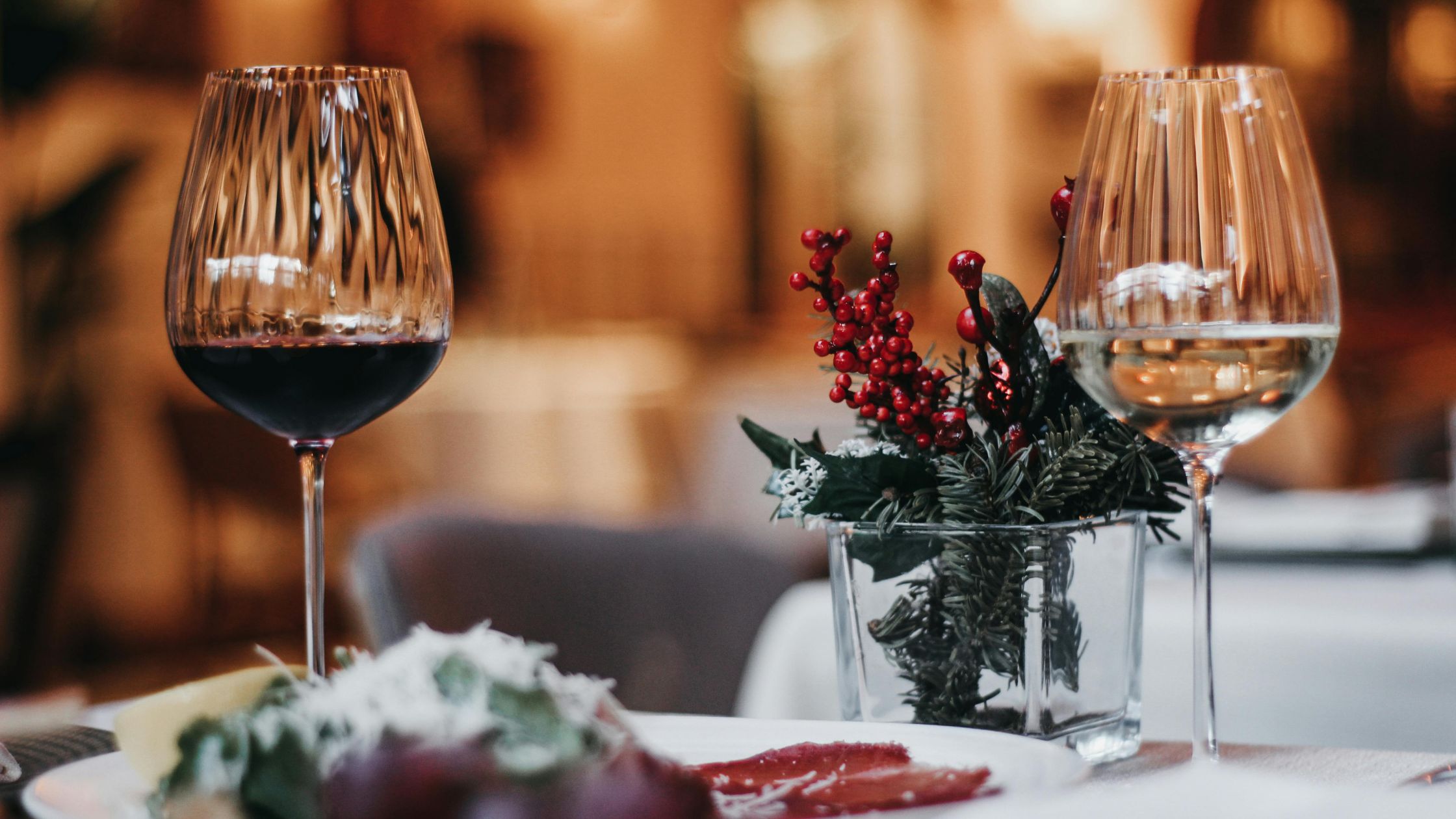 christmas lunch with a glass of red wine